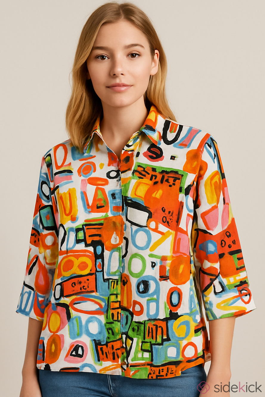 Ali Miles Multicolor Abstract Button-Up Shirt with Pink, Green & Blue Accents Sm